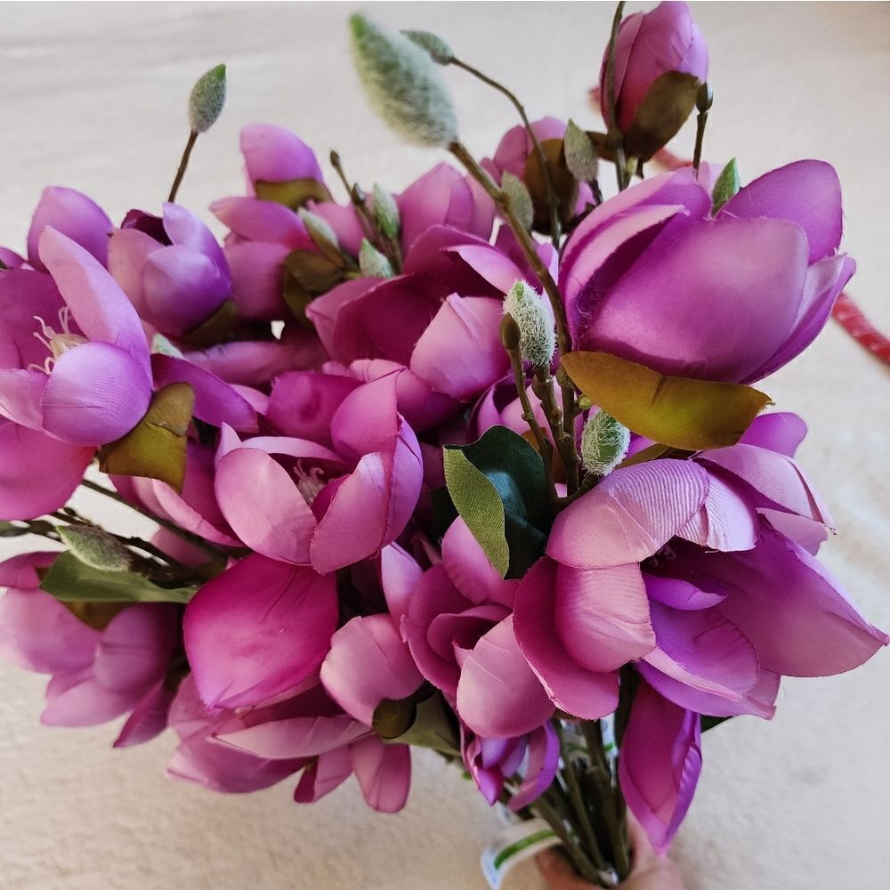 New large Artificial Silk Flowers Purple Magnolia bundle of 9 steams